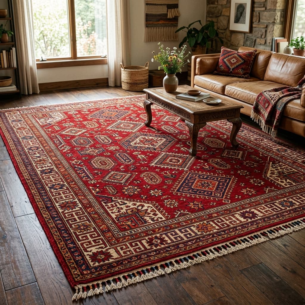 Red rug with intricate designs